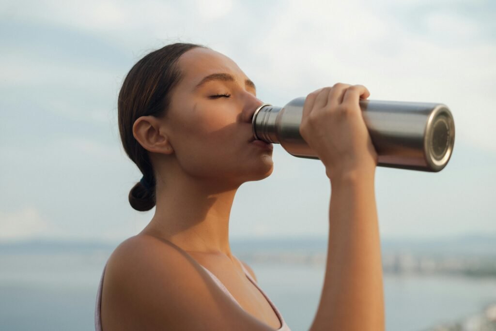 A woman enjoys a refreshing drink from a thermos near the ocean, embracing a healthy lifestyle.